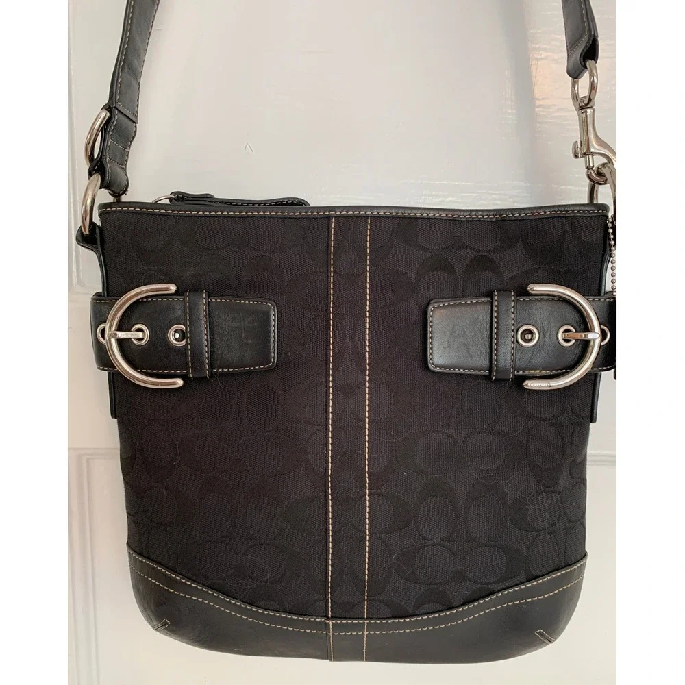 Vintage Coach Black Monogram Canvas Soho Duffle Shoulder Bag Silver Buckles - Picture 2 of 16